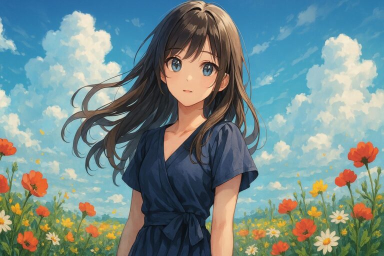 Anime Girl Wallpaper standing in the flower field.