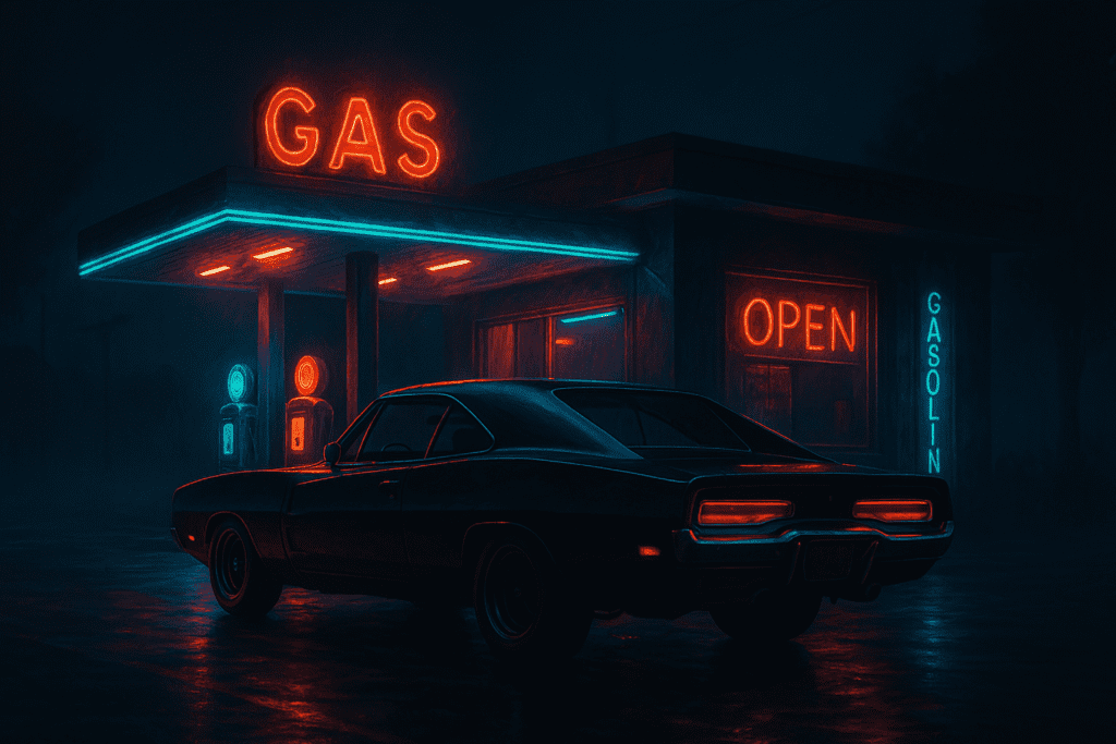 Black Muscle Car near neon gas station HD Wallpaper.