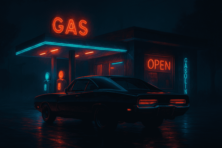Black Muscle Car near neon gas station HD Wallpaper.
