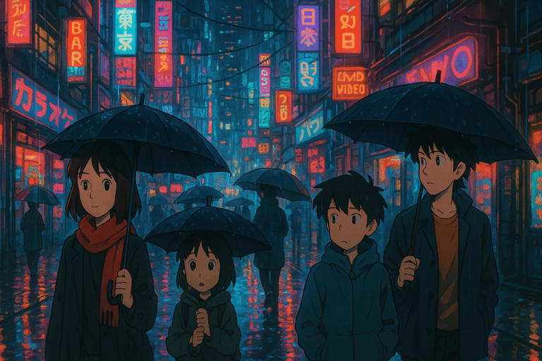 Cyberpunk City Wallpaper with beautiful family