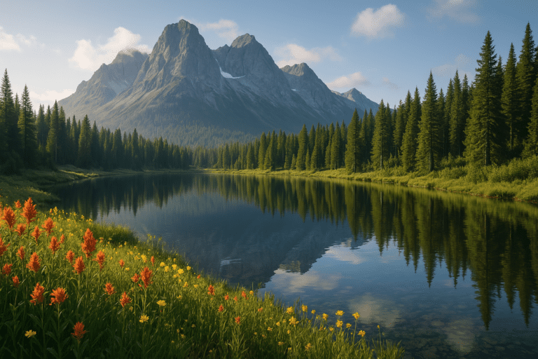 Lake Sunrise Wallpaper with reflection of mountains, and green forest at sunrise.
